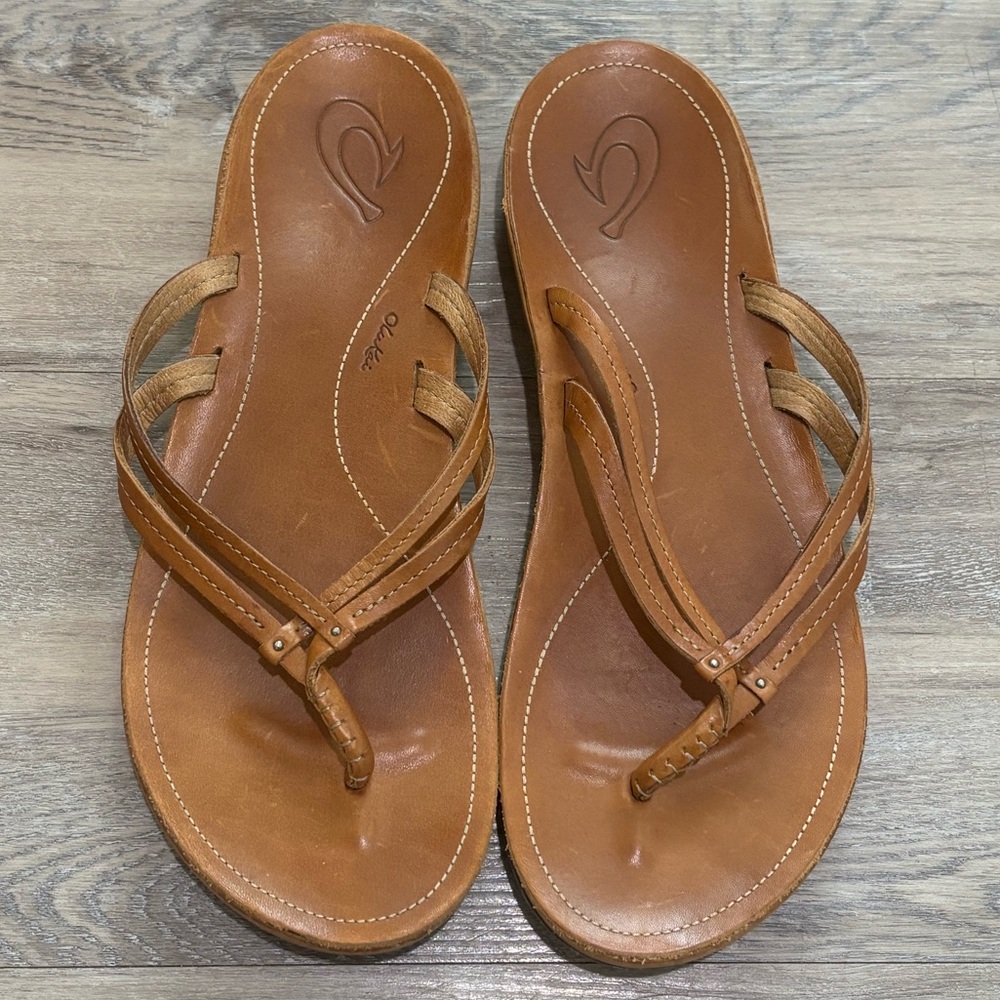 Olukai U’i Sahara tan leather double strap thong sandals women’s size 11